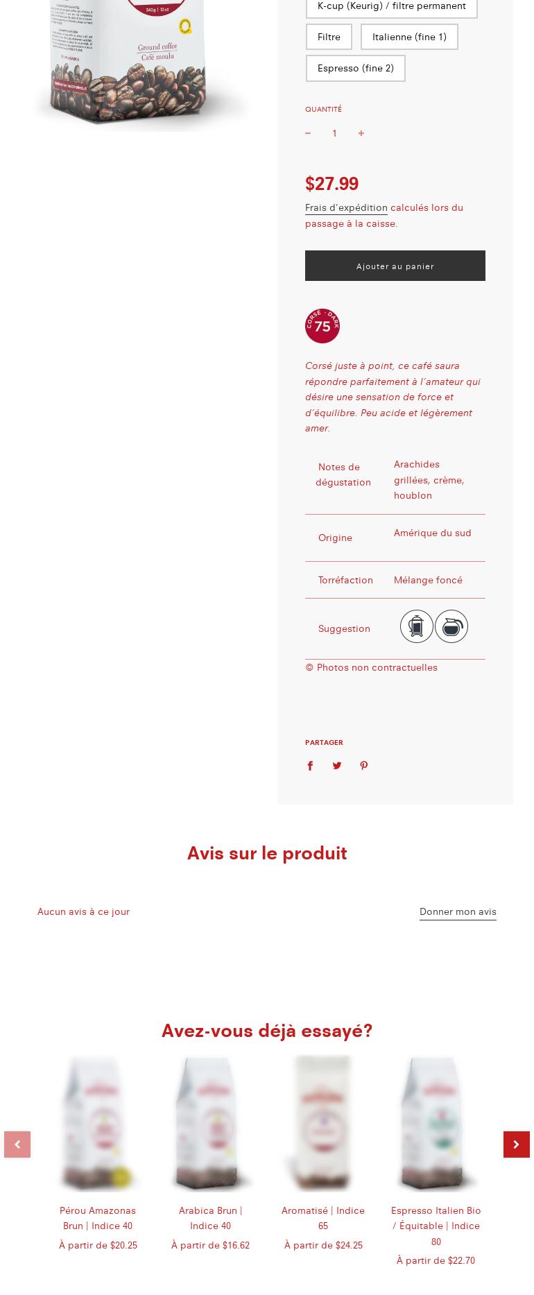 La boutique à café Menu