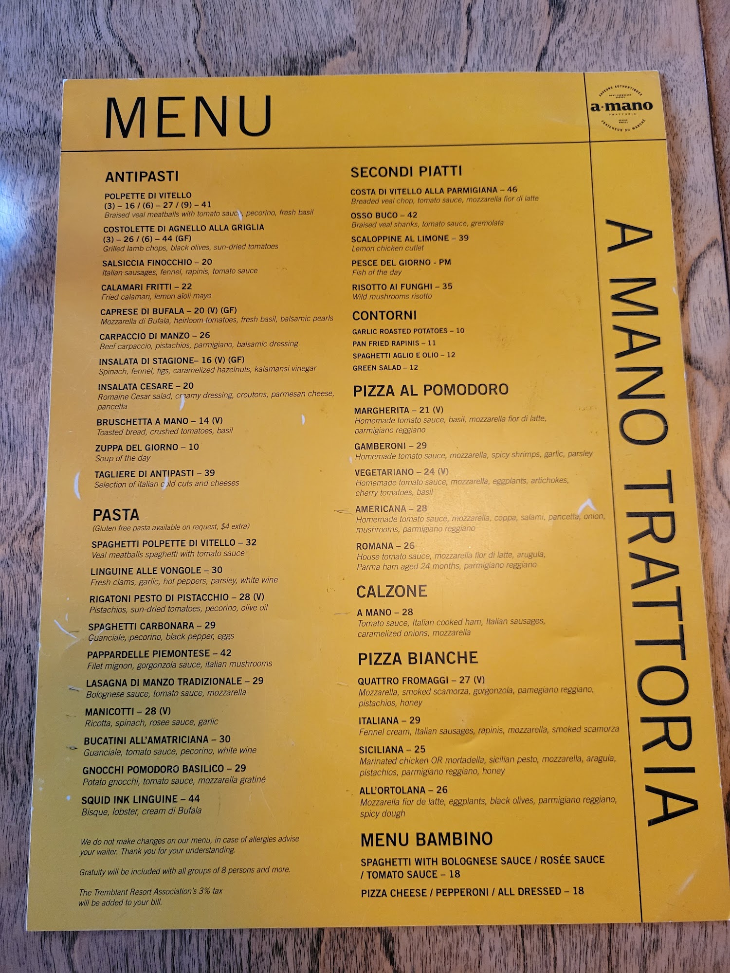 A Mano Trattoria Menu