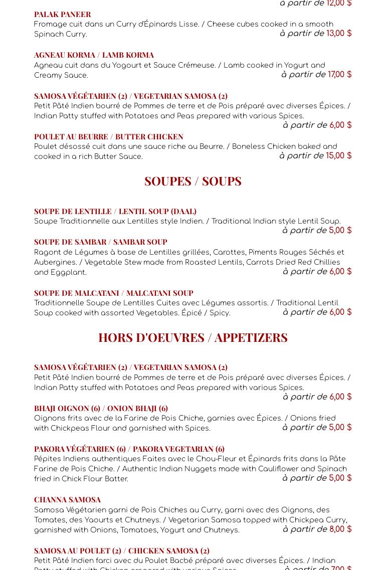 Bombay Mahal Plateau-Mont-Royal Menu
