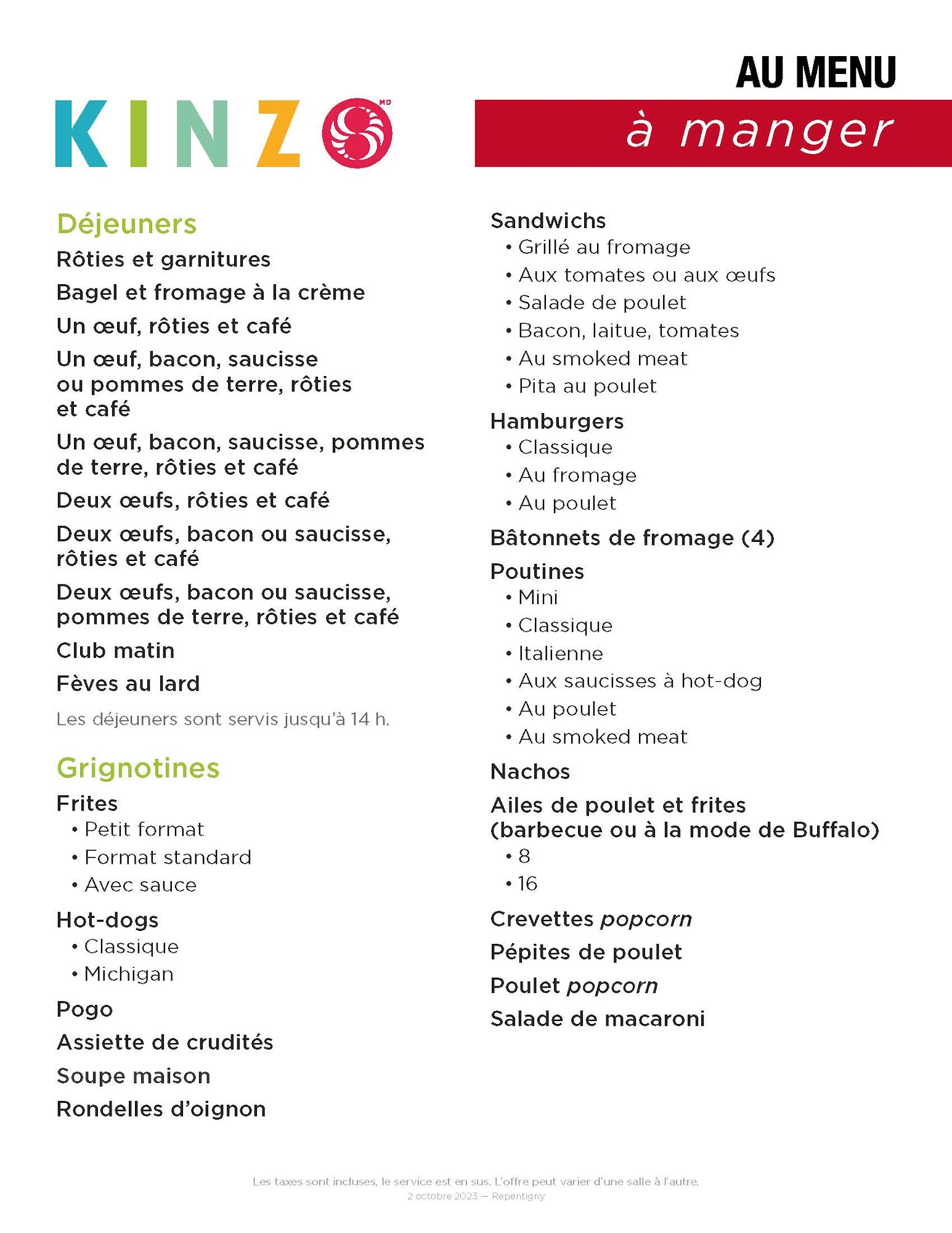 Kinzo Repentigny Menu
