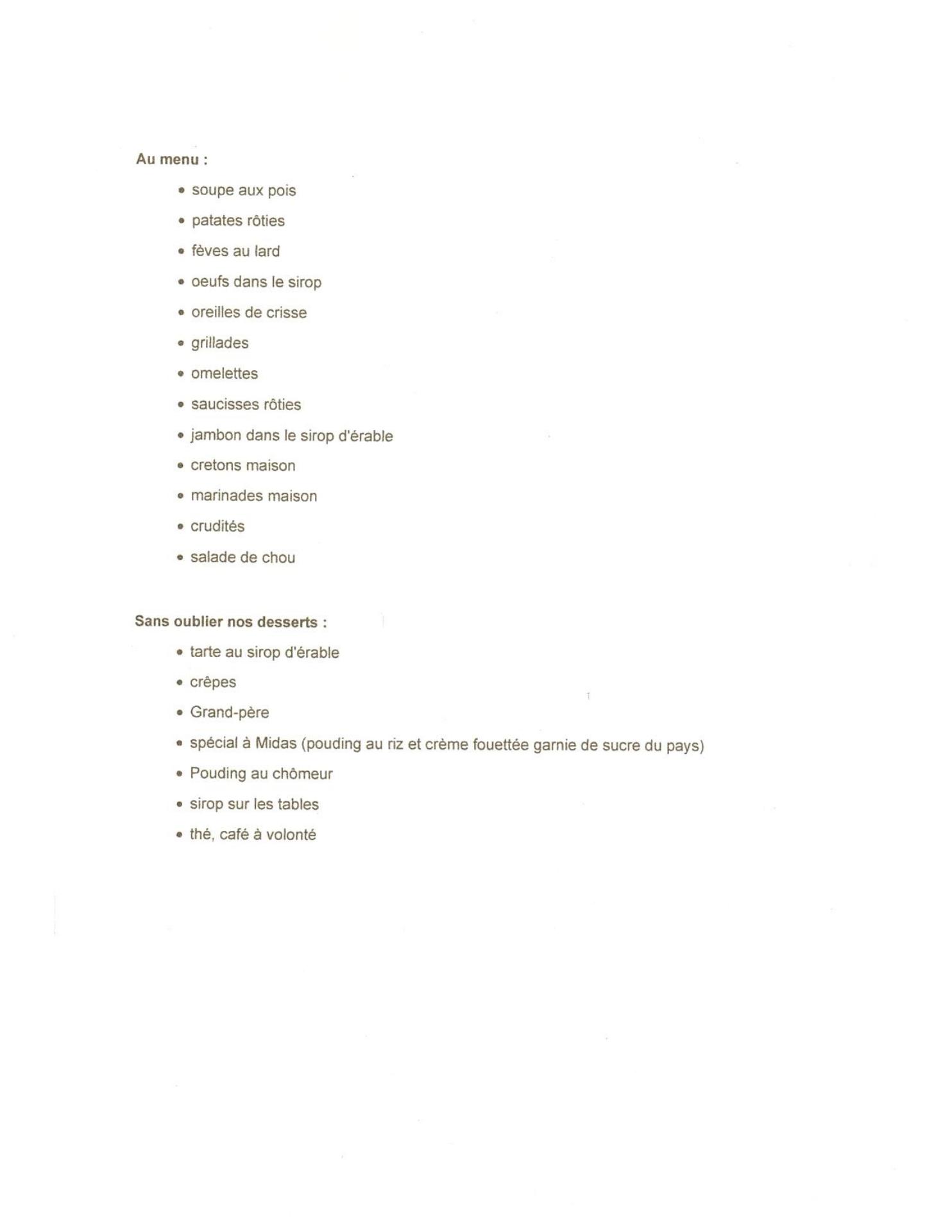 La Cabane à Midas Menu