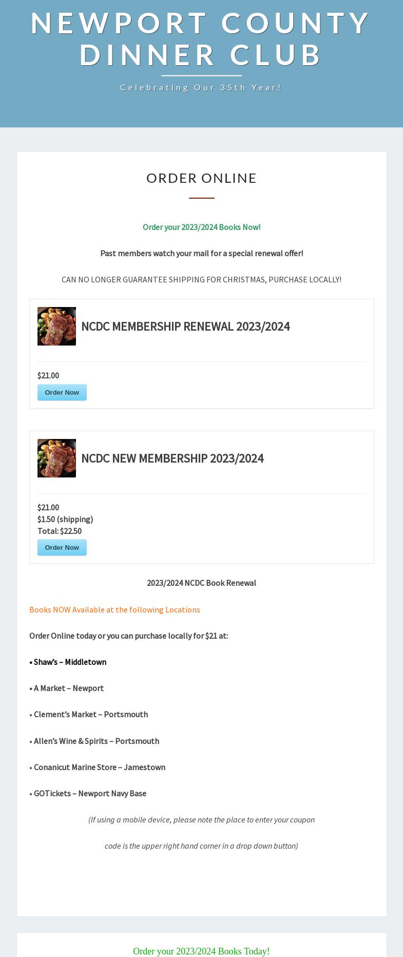 Newport County Dinner Club Menu