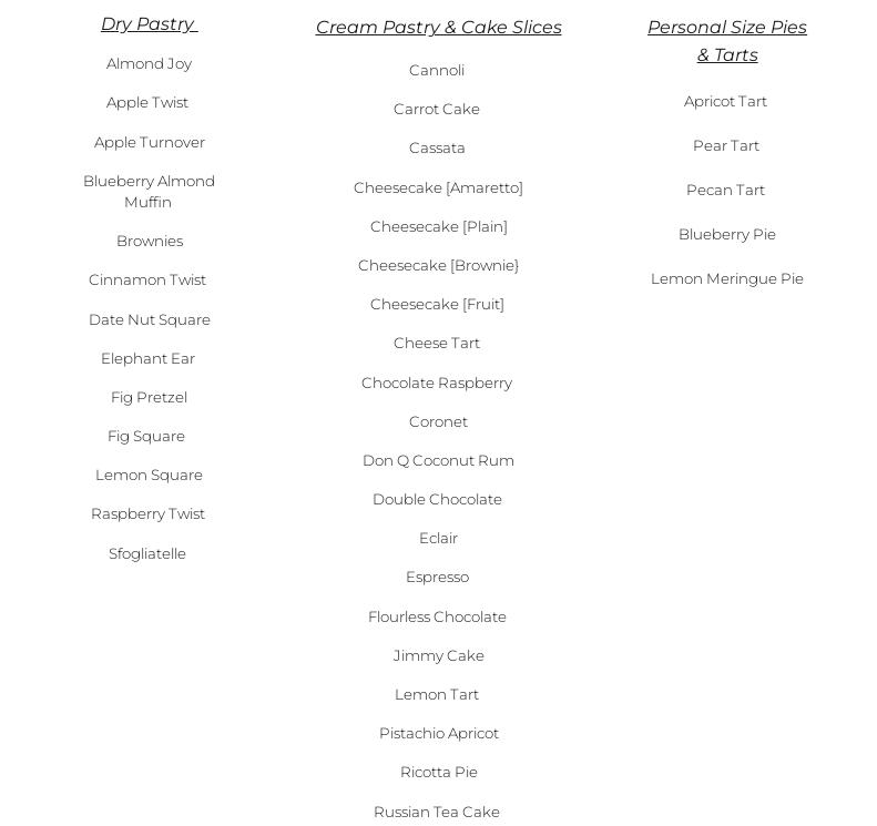Scialo Brothers Bakery Menu