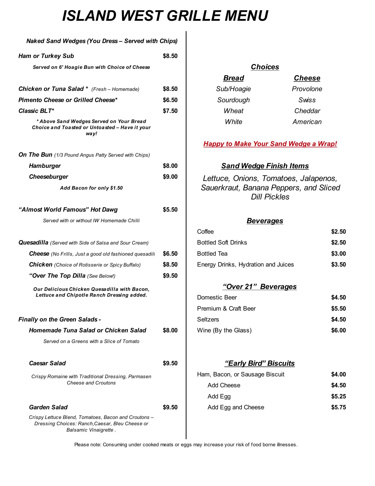 Island West Golf Club Menu