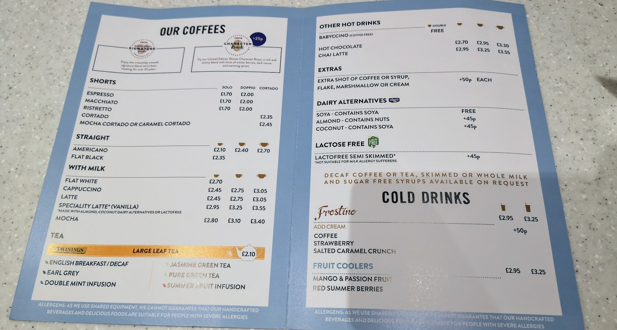 Costa Coffee Menu