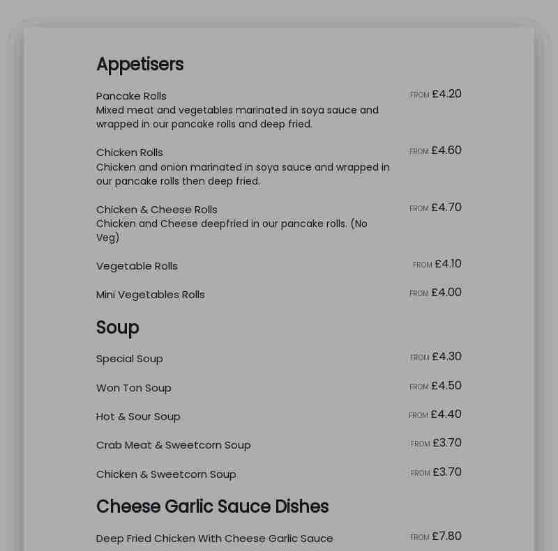 Oriental Express Menu