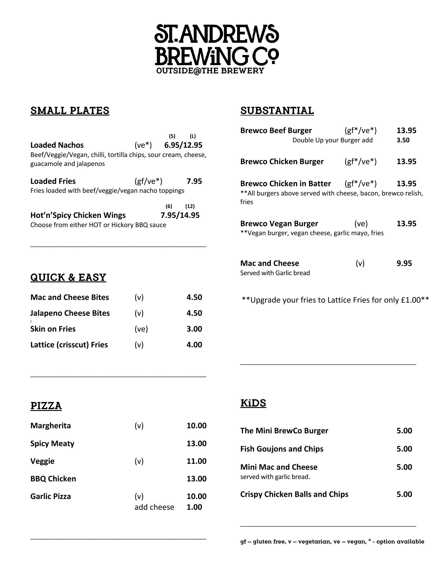 St Andrews Brewing Co. Menu
