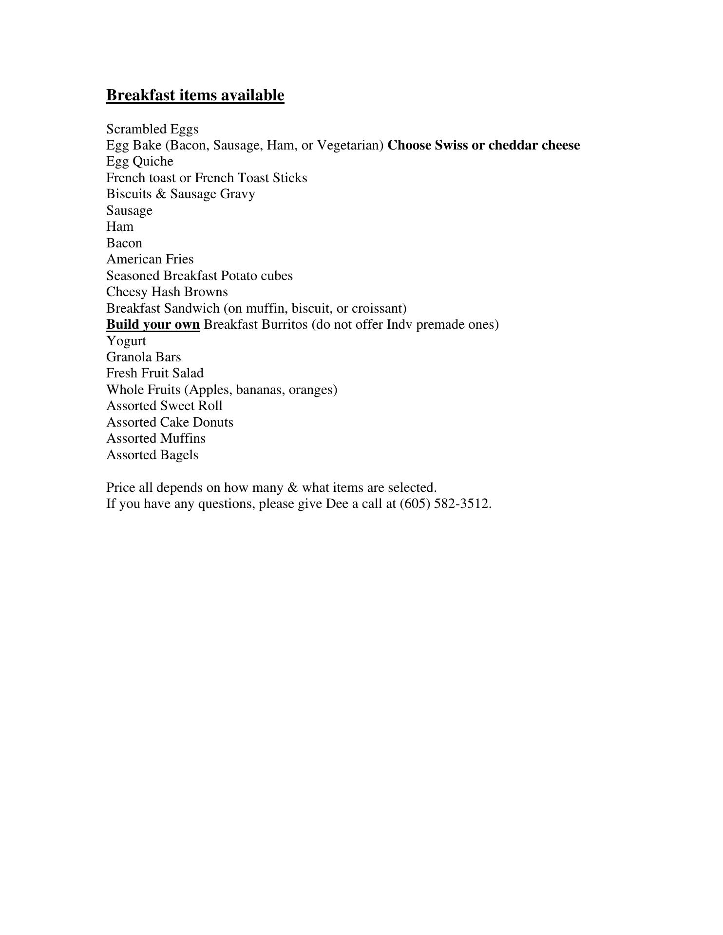 Tony's Catering Menu