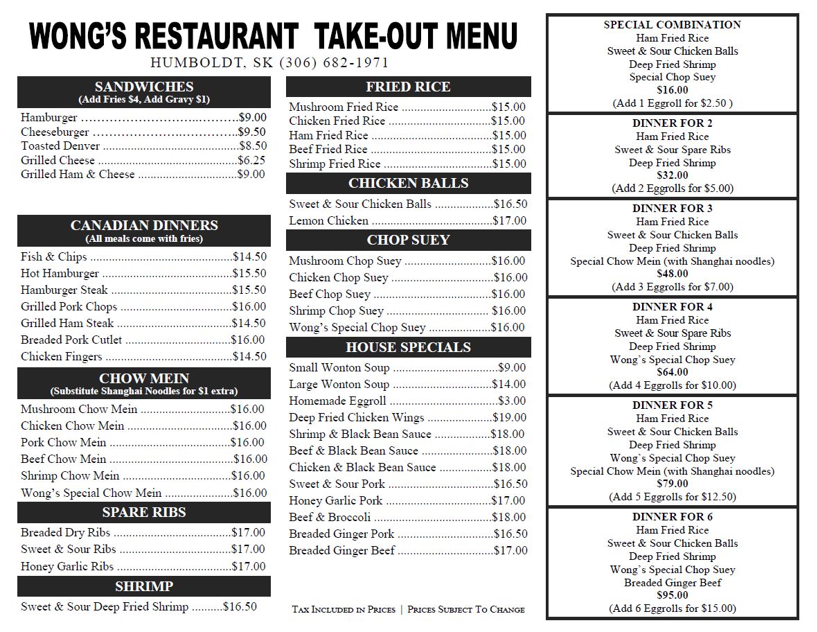 Wong's Restaurant Menu