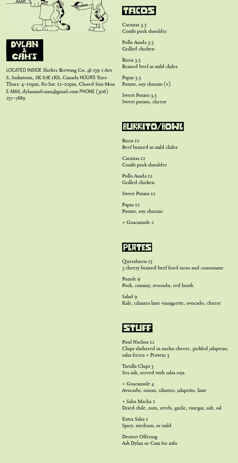 Dylan and Cam’s Menu