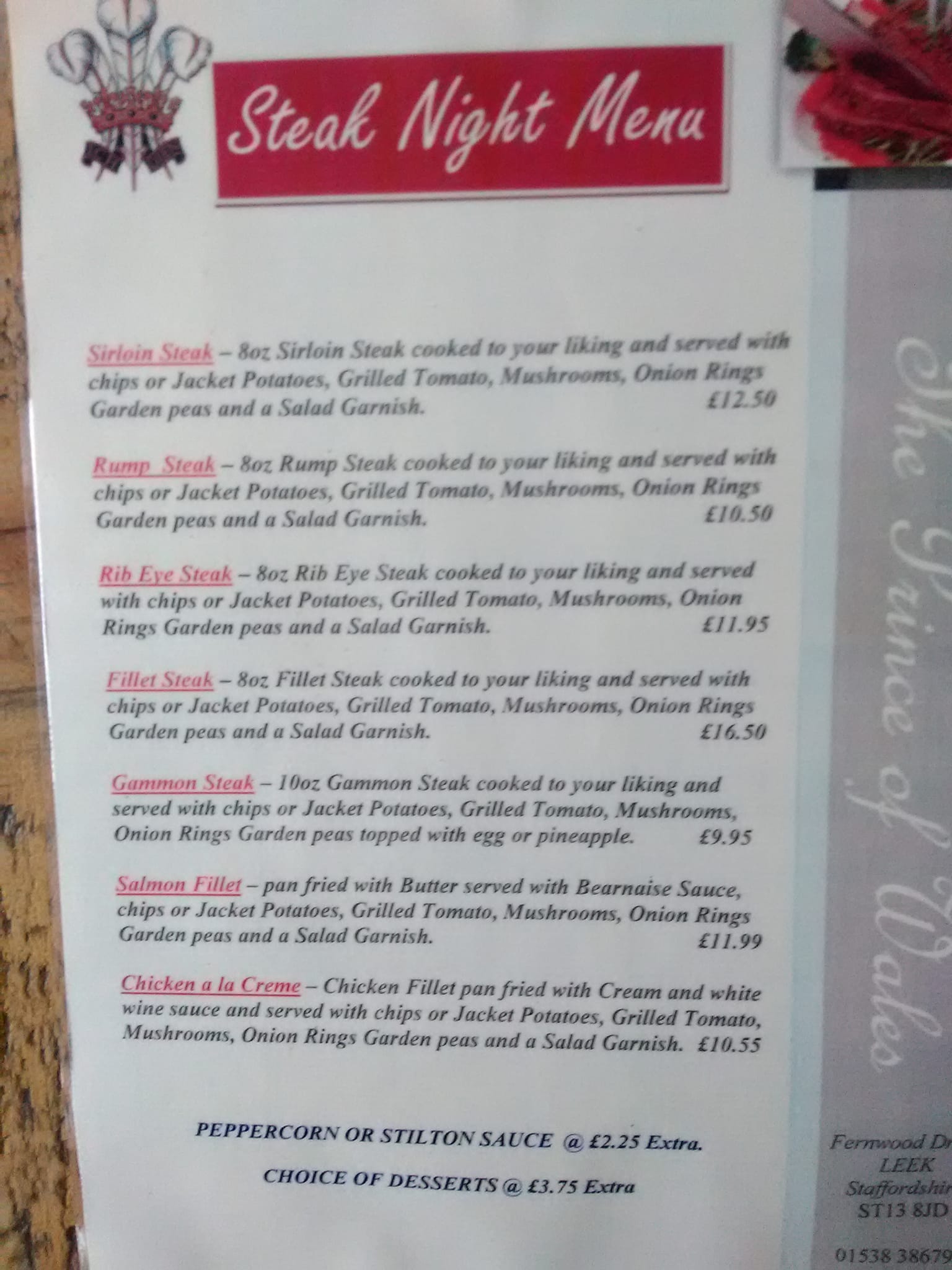 Prince of Wales Menu