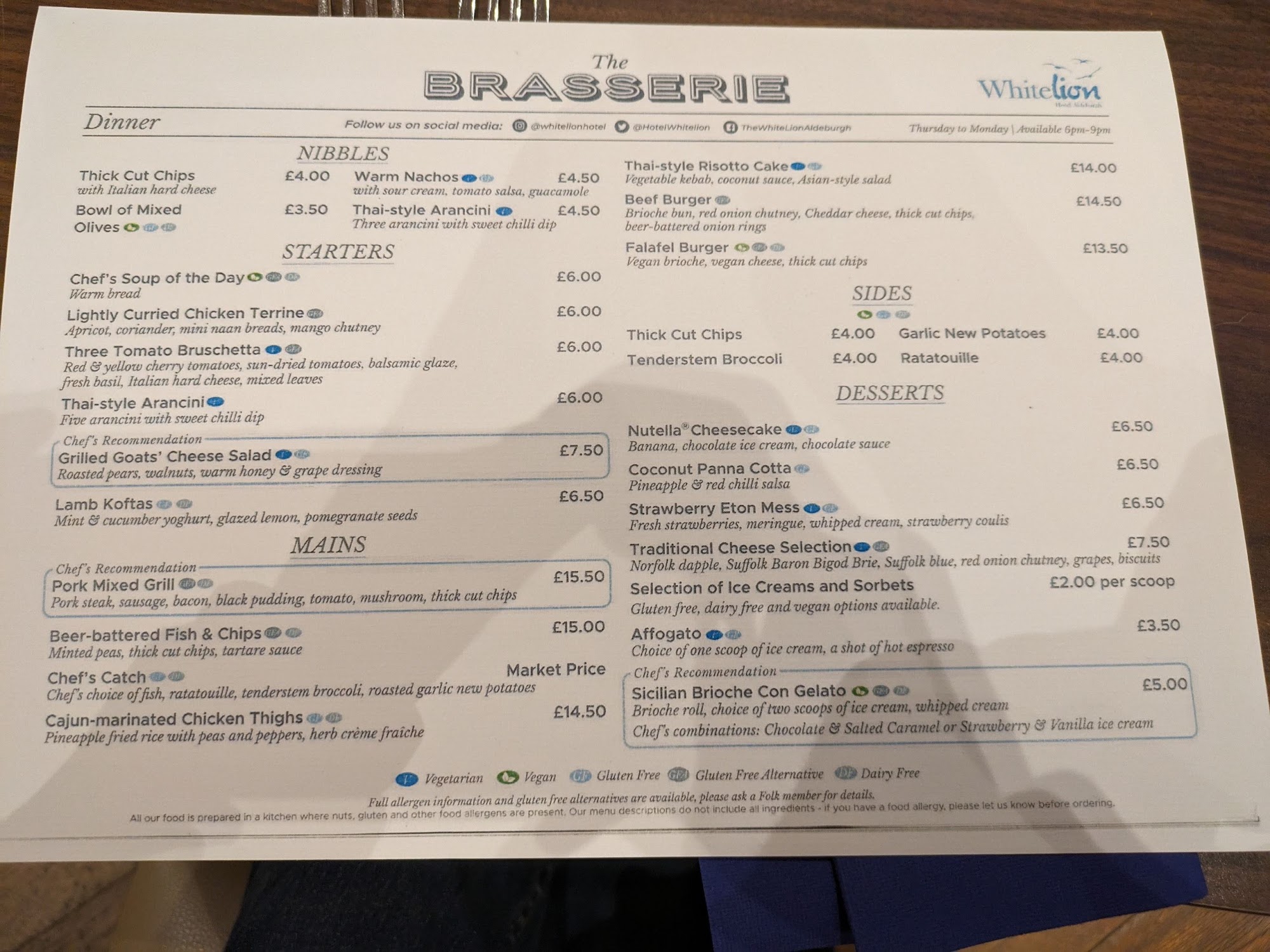 Brasserie Bleue Menu