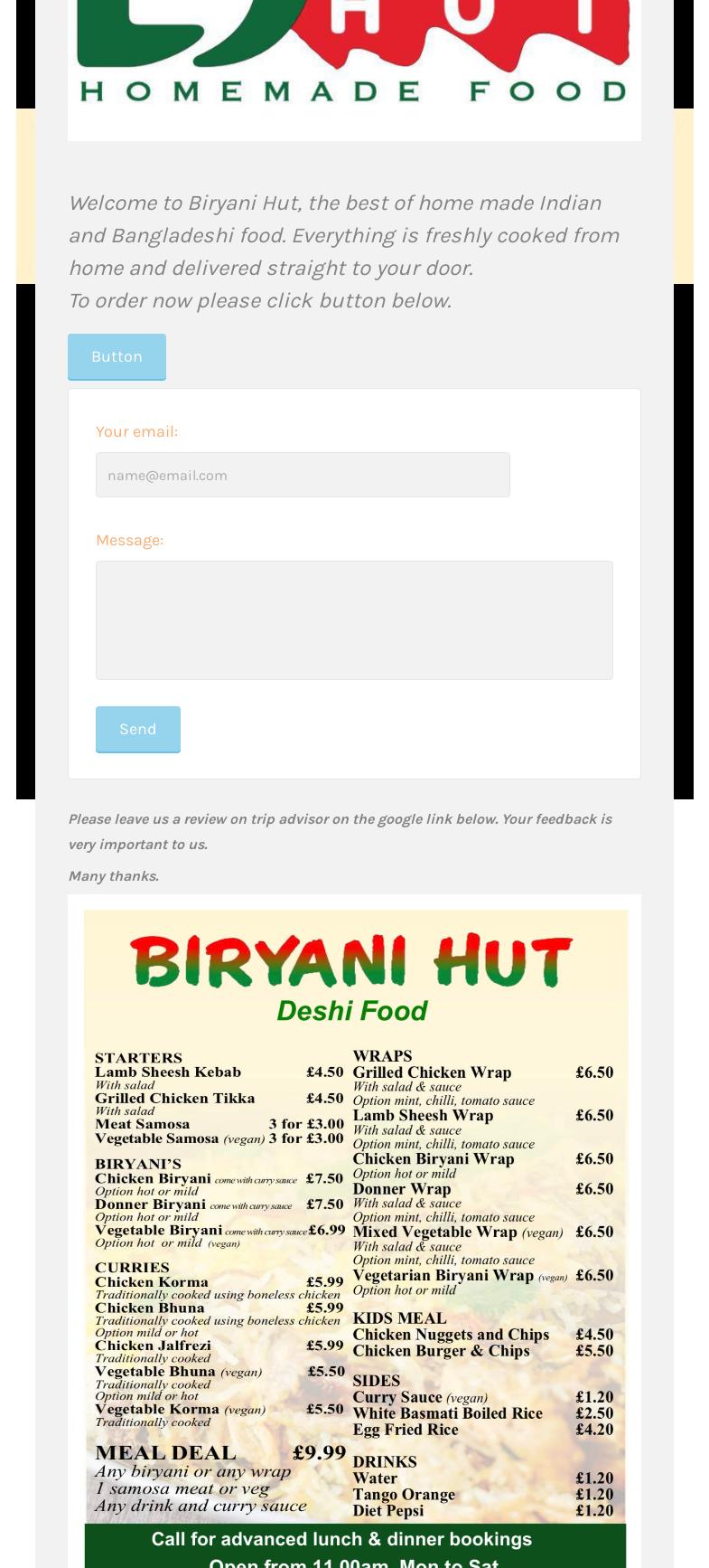 Biryani hut Menu