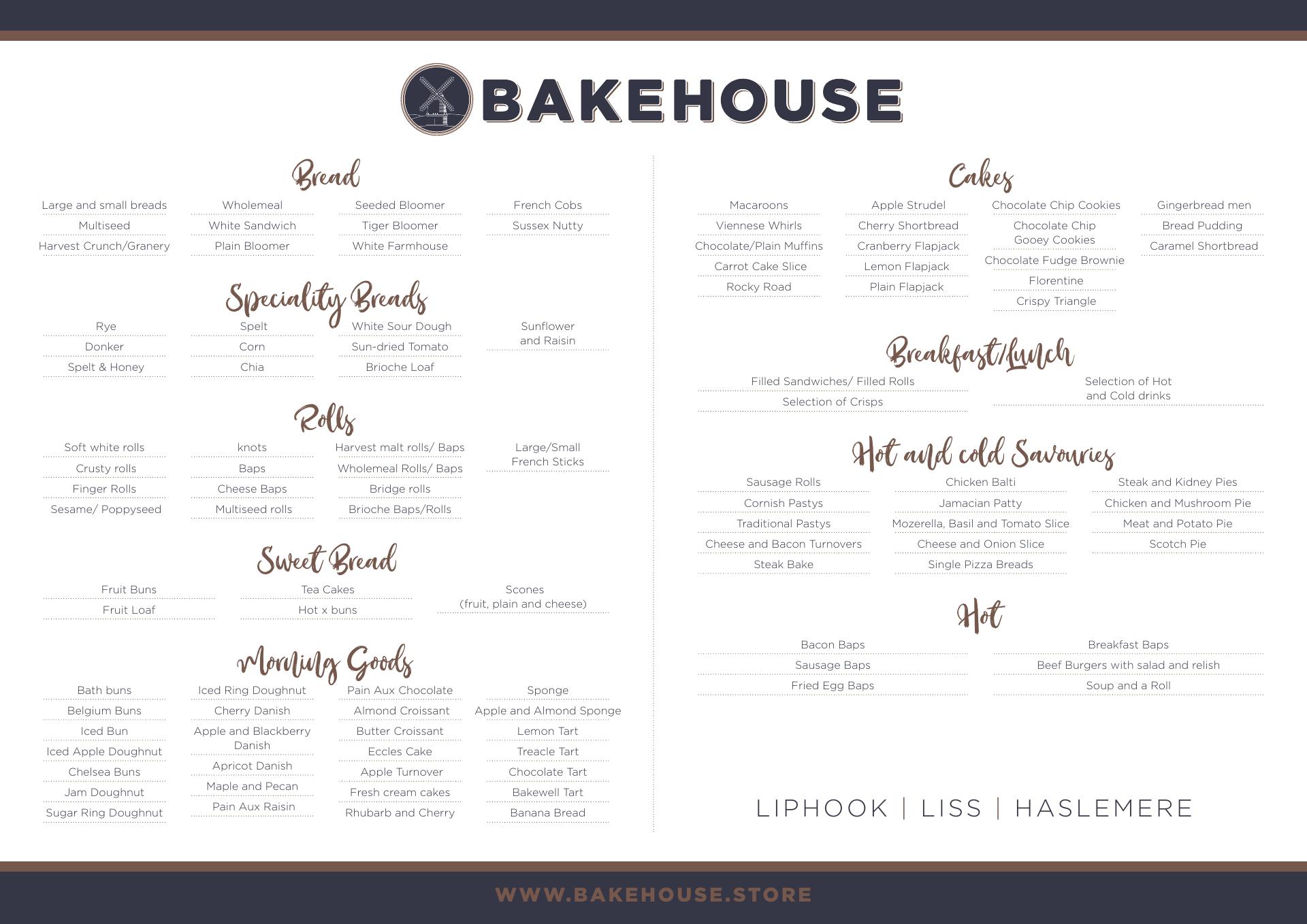 Bakehouse Haslemere Menu