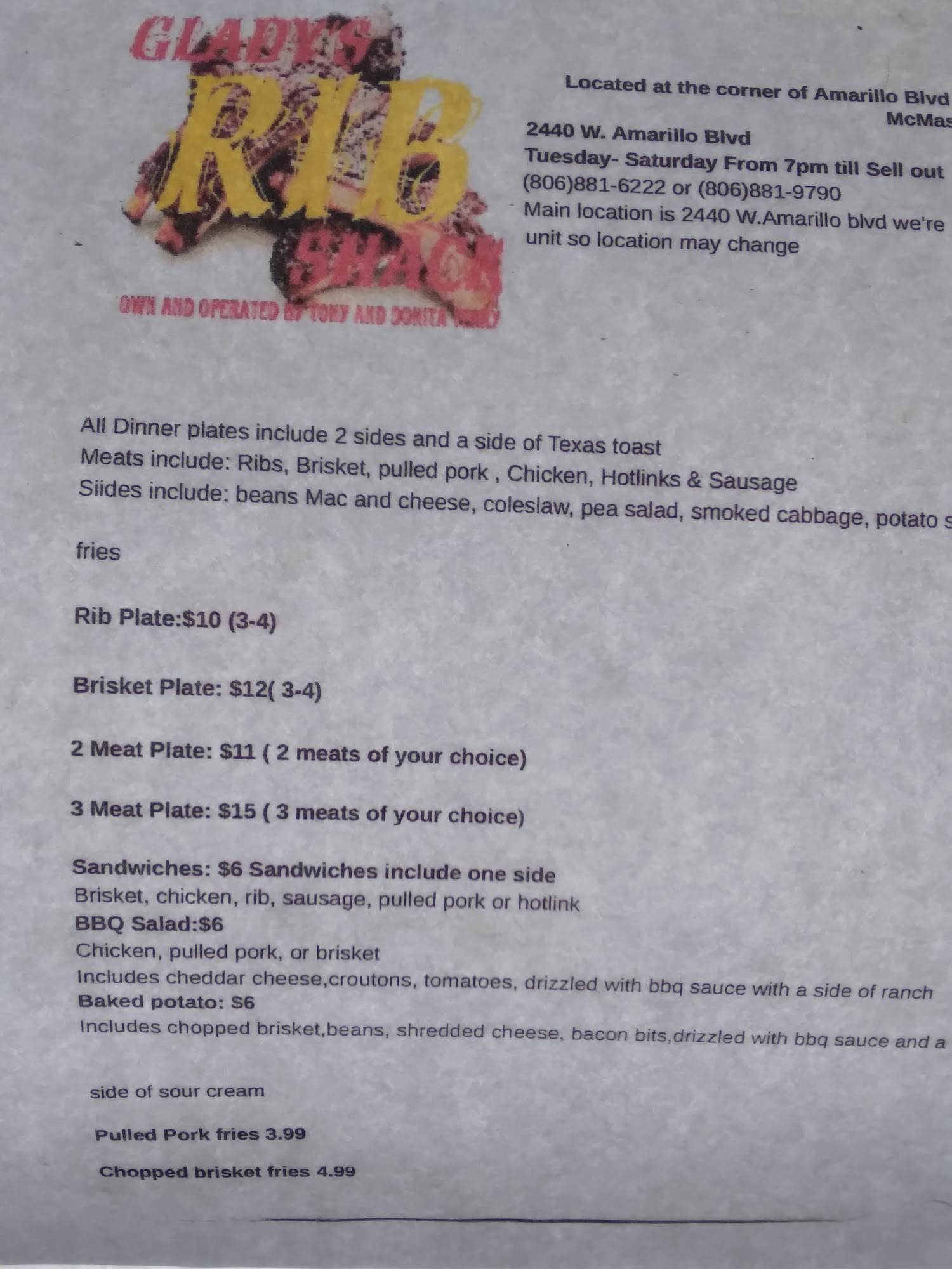 Gladys's rib shack Menu