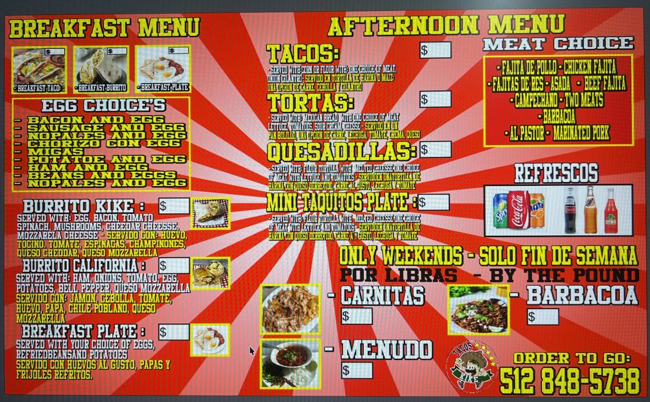 Tacos kike Menu