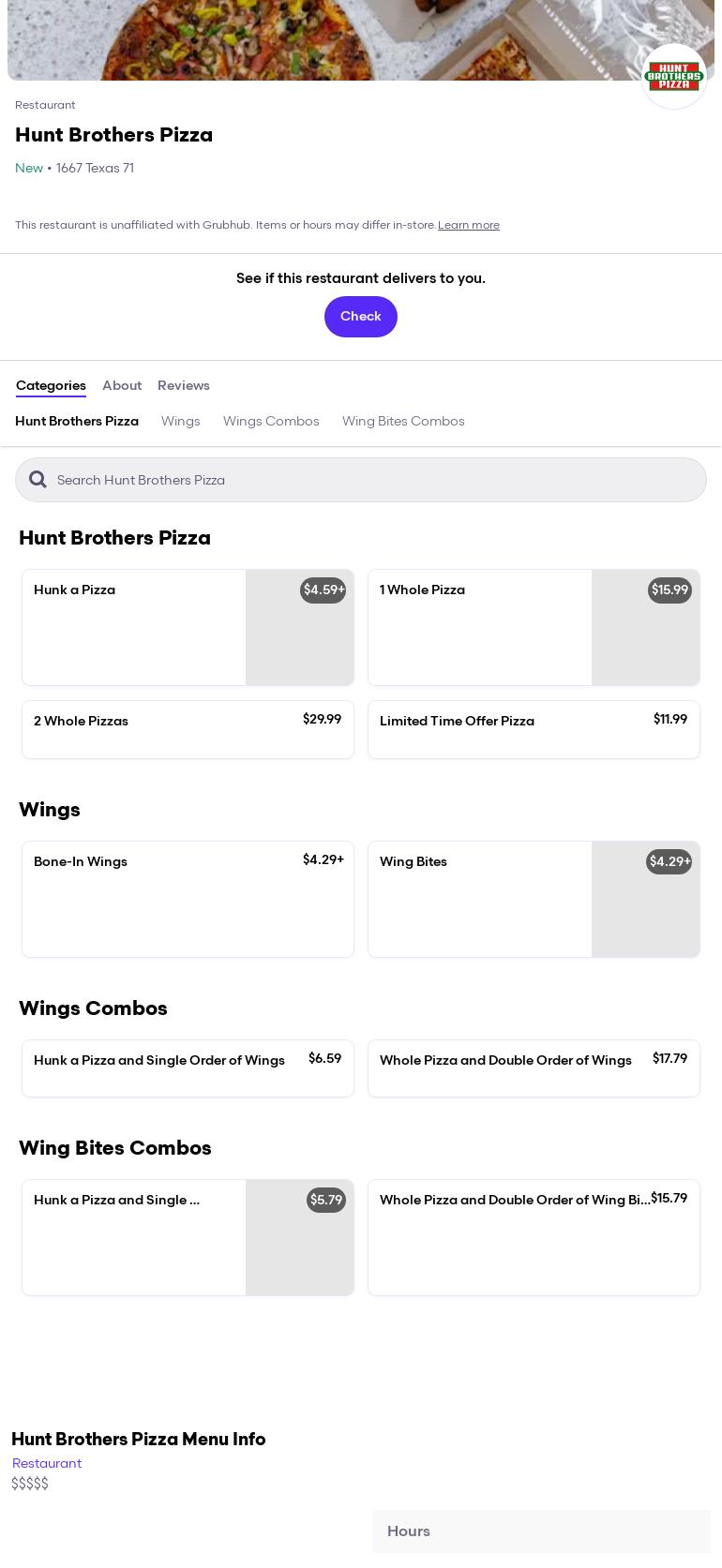 HUNT BROTHERS PIZZA Menu