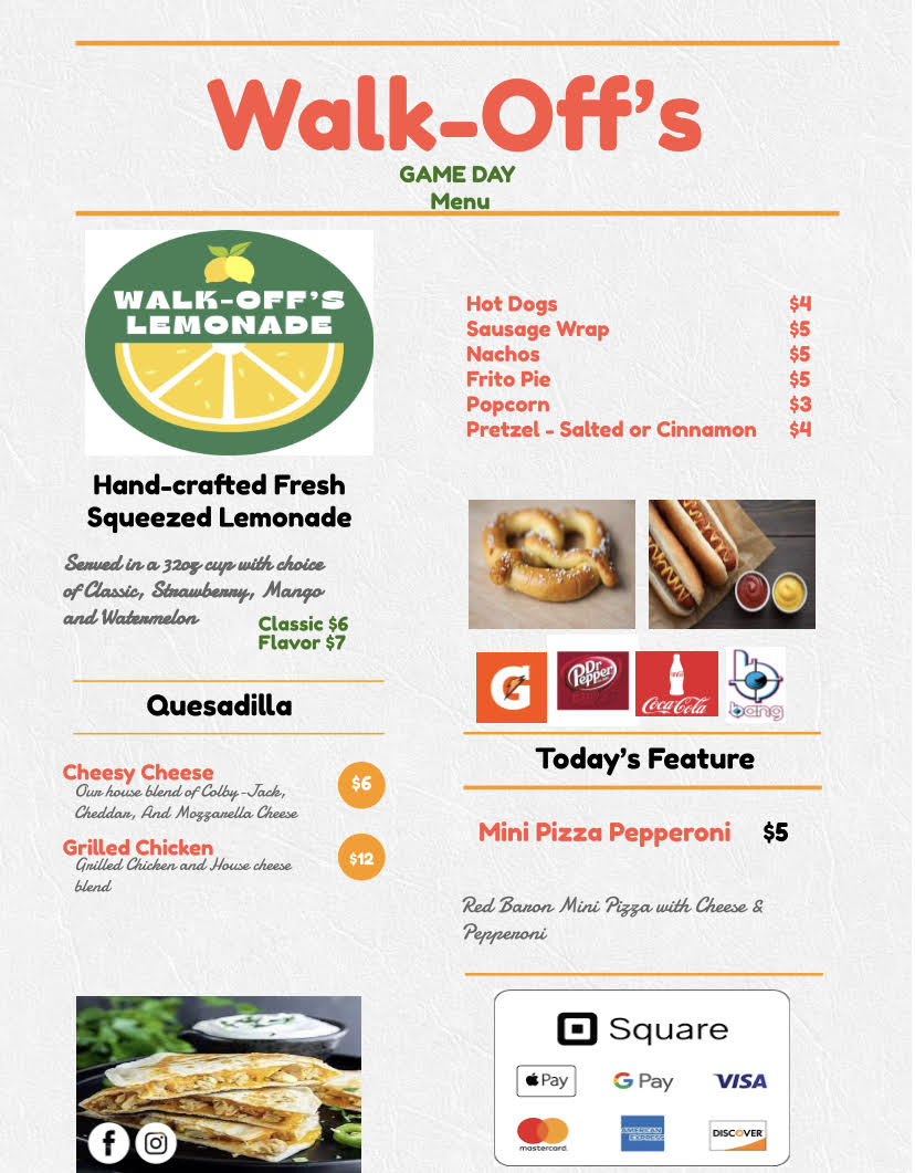 Walk-Off's Snack Shack - Concessions at Travis Fields Menu