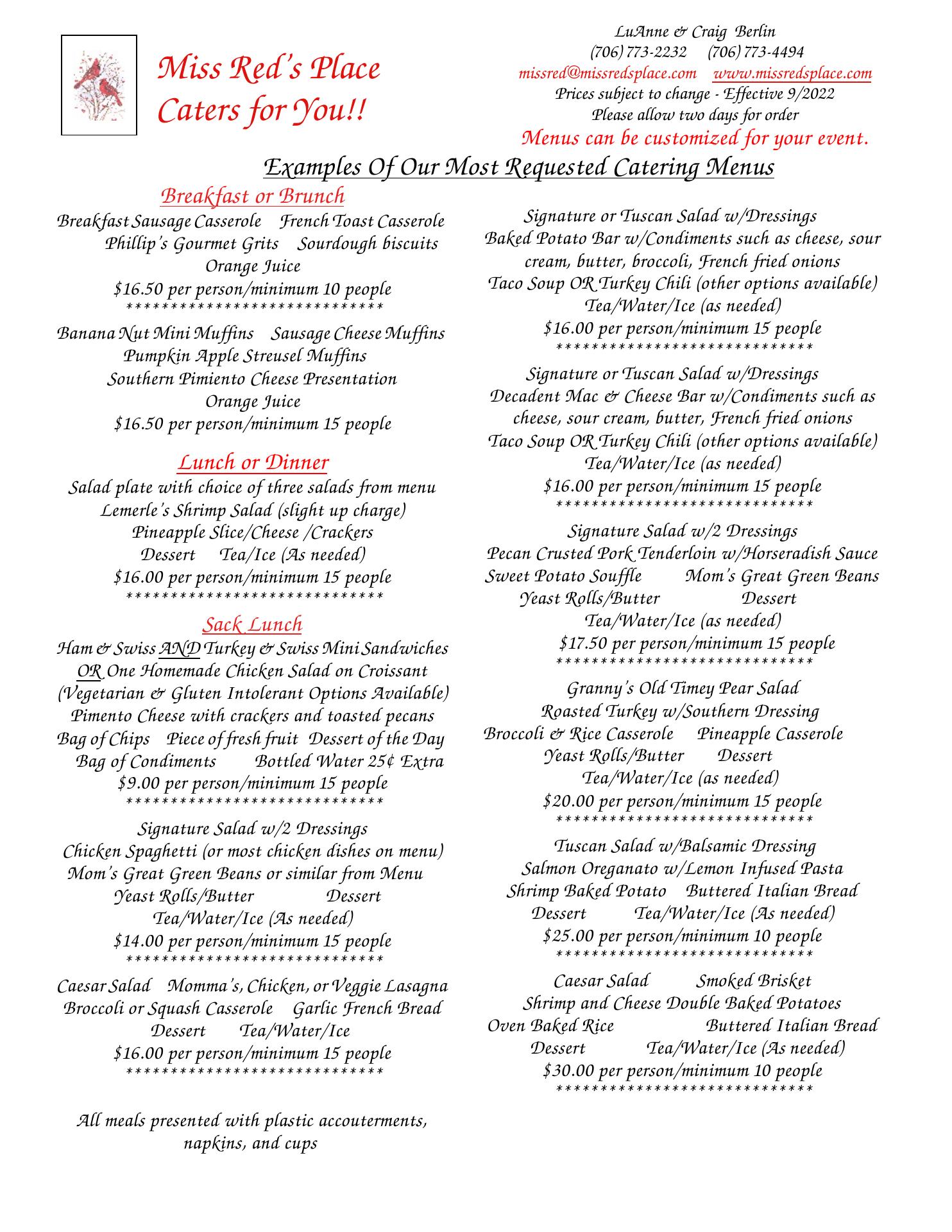 Miss Red's Place Menu