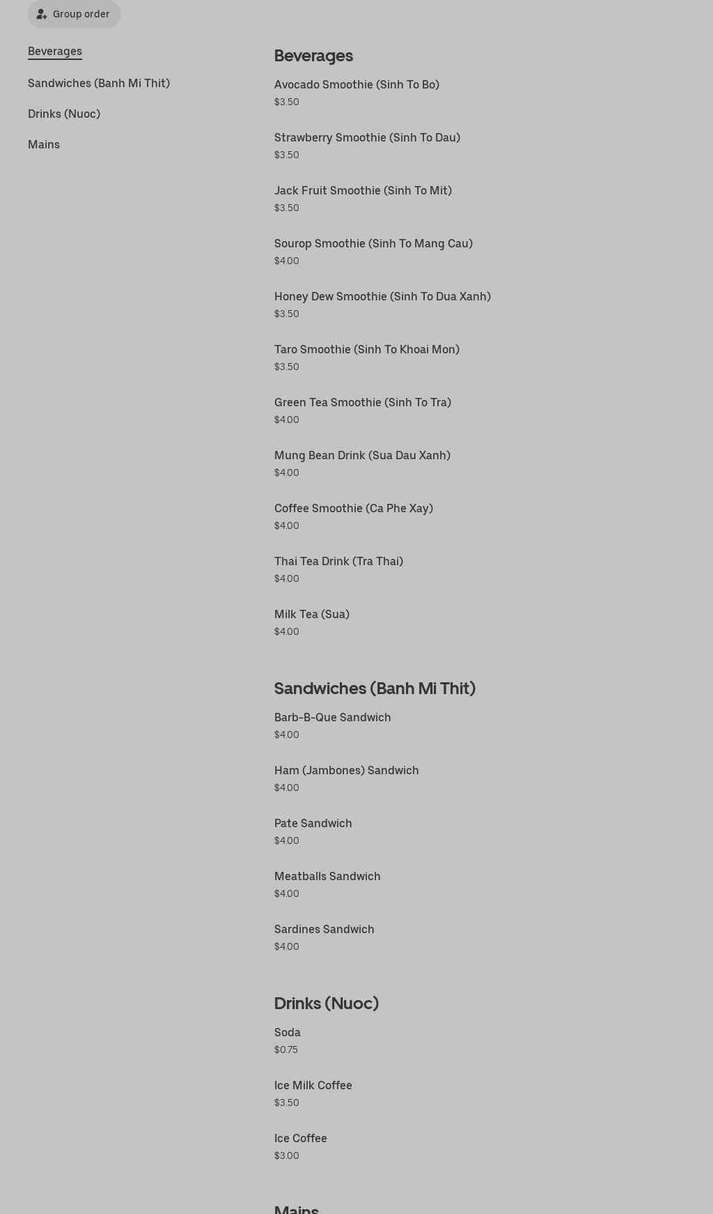 Saigon Sandwich Menu