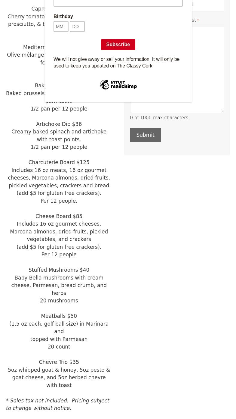 The Classy Cork Menu