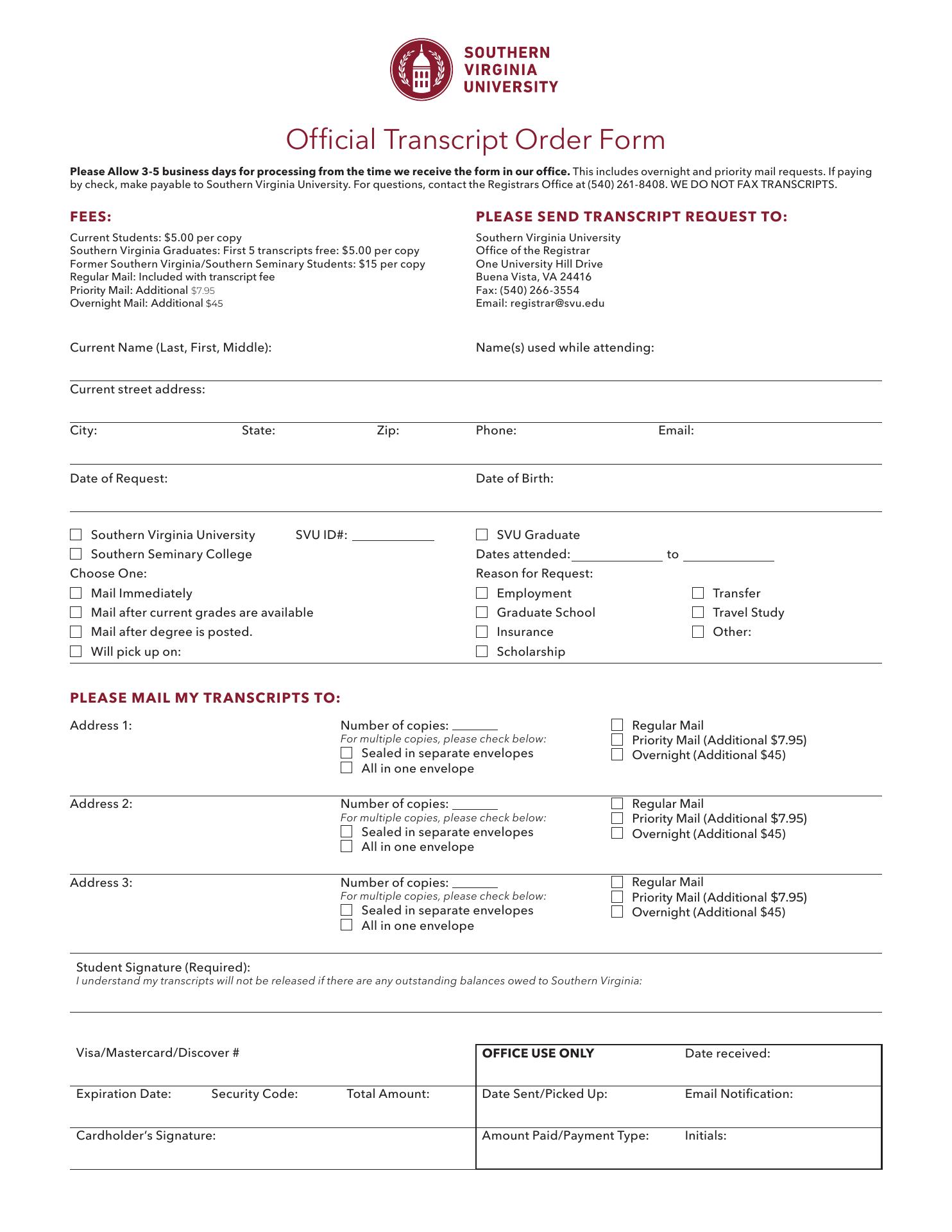 SVU Dining Hall Menu