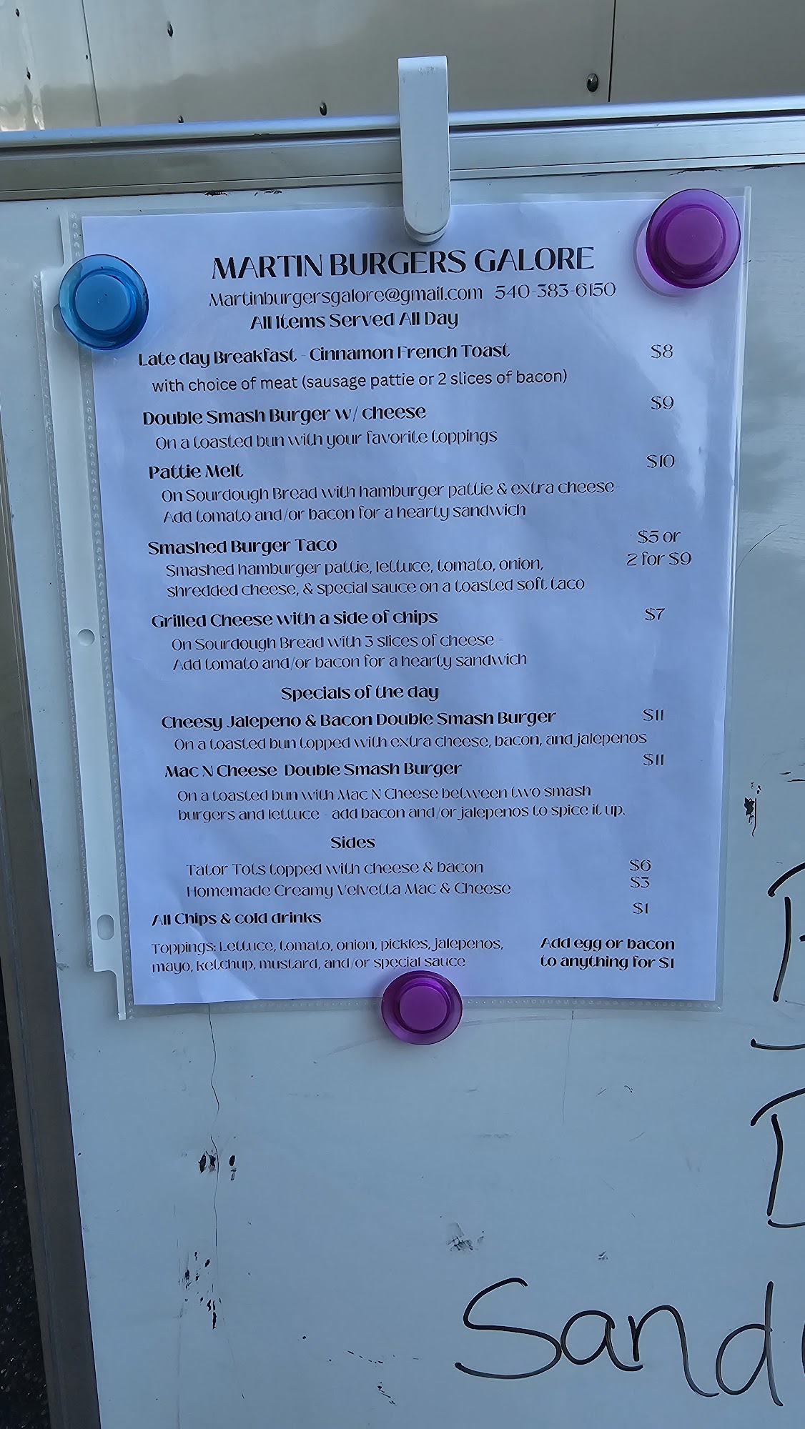 Martin Burgers Galore Menu