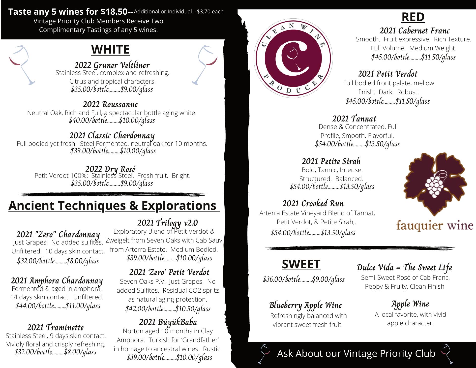 Arterra Wines Menu