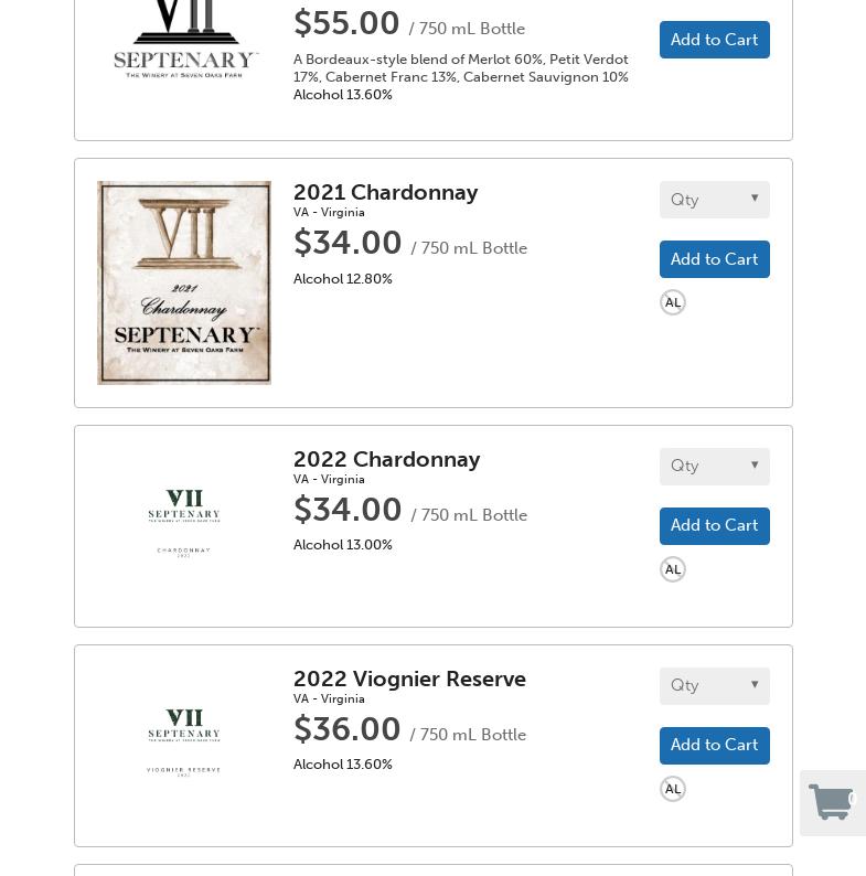 Septenary Winery at Seven Oaks Farm Menu