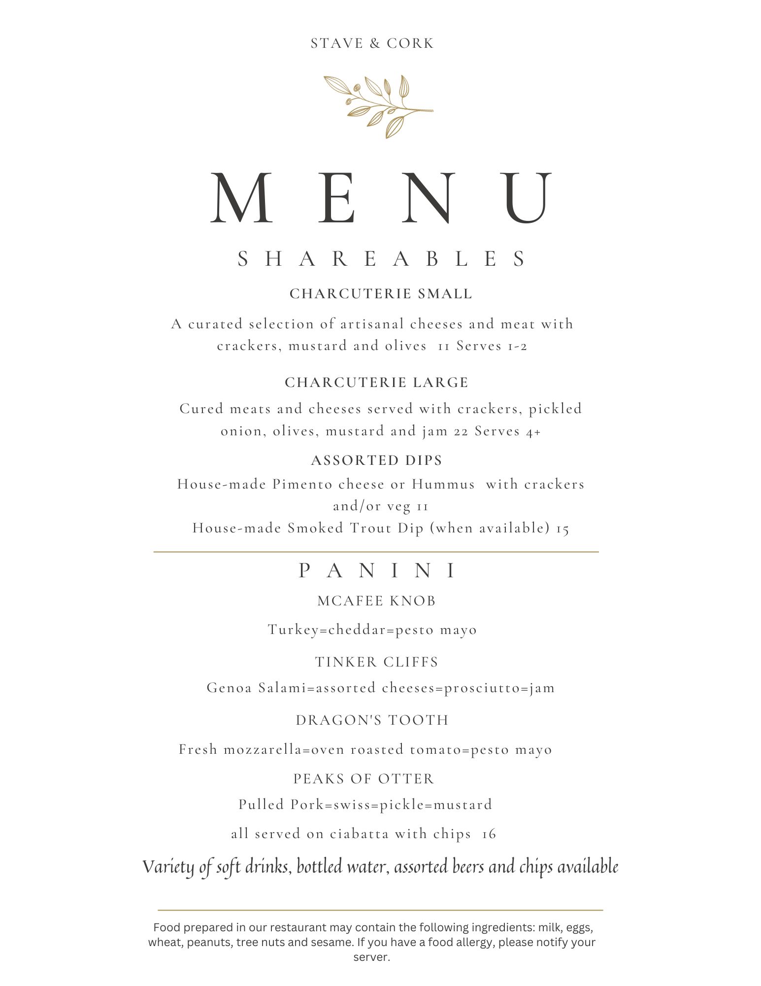 Stave & Cork Menu