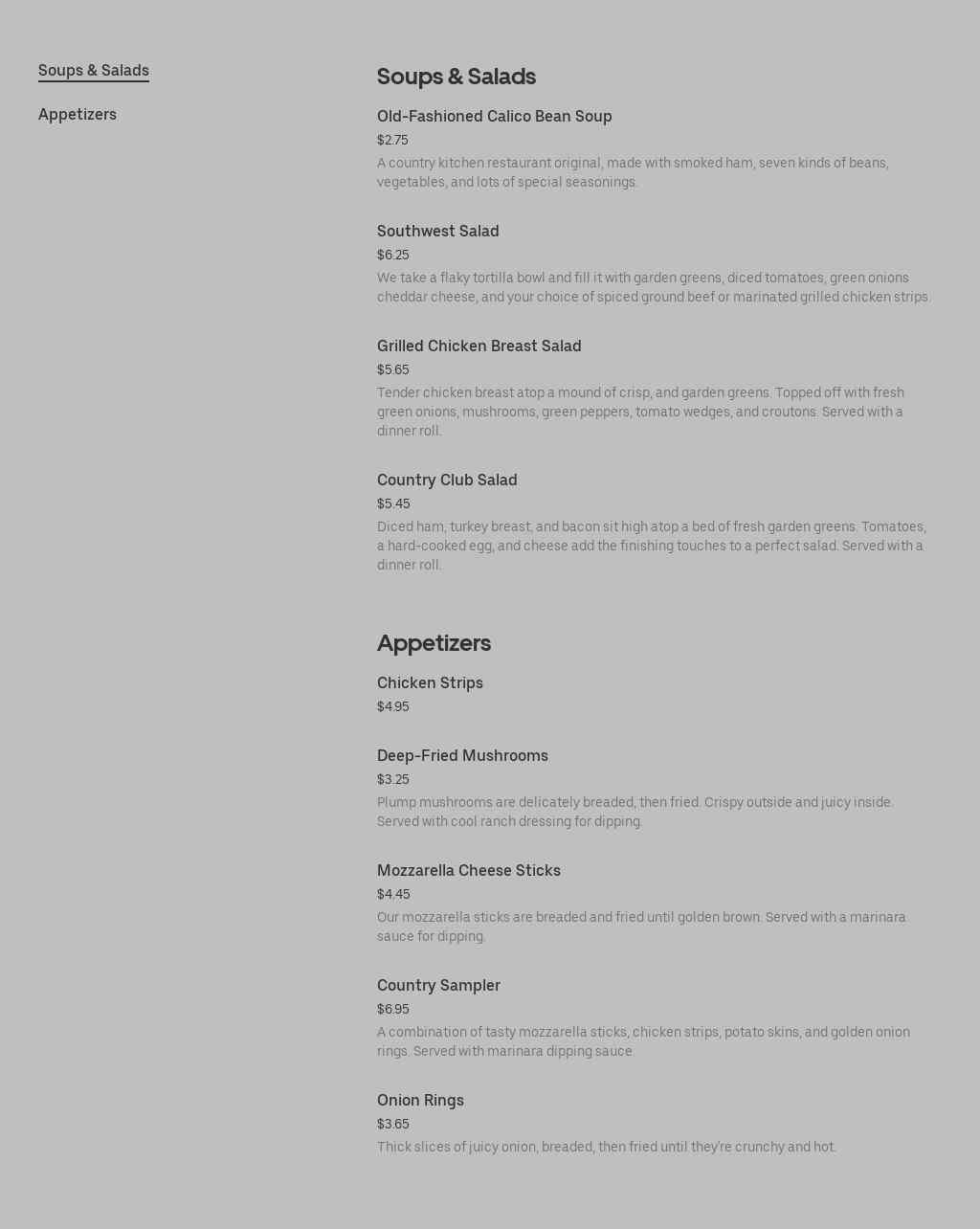 Country Kitchen Bakery Menu