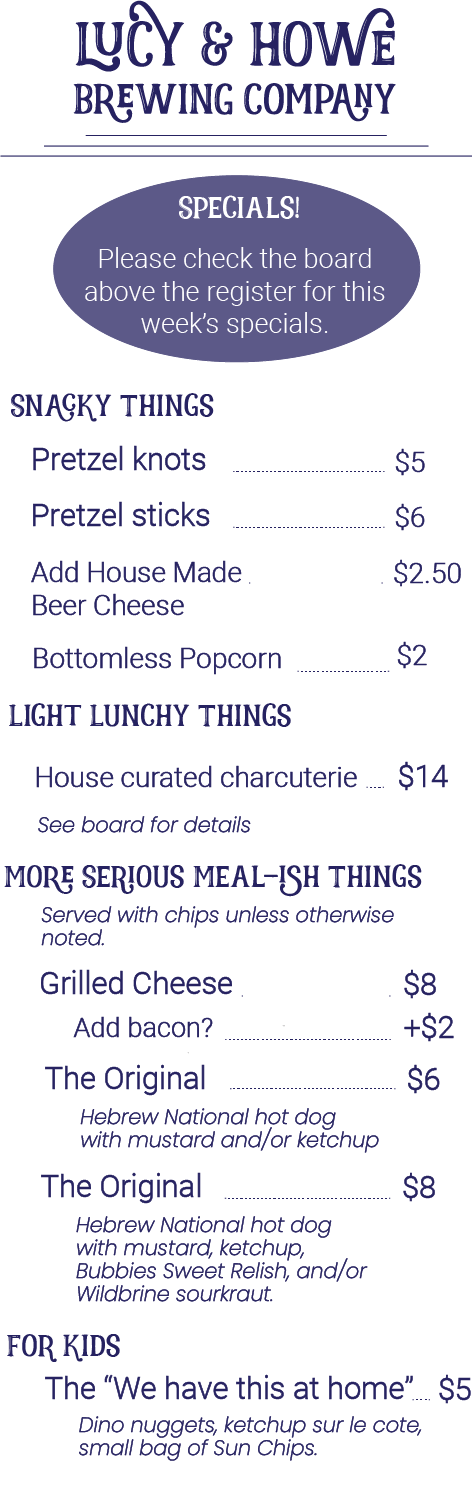 Lucy and Howe Brewing Company Menu