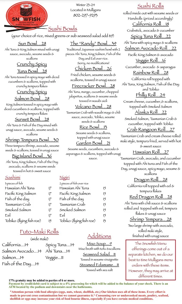 Snowfish Sushi Menu