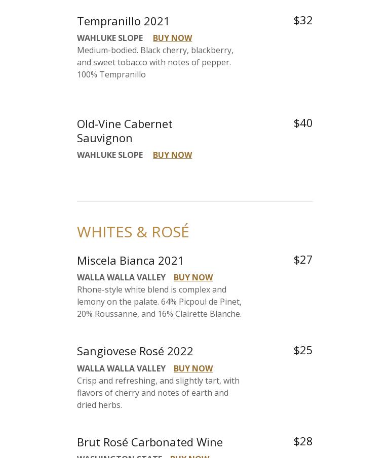 Bianchi Vineyards Menu