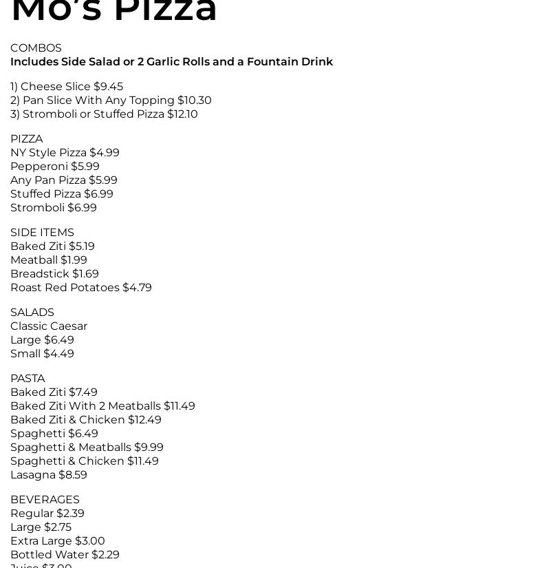Mo Pizza Menu