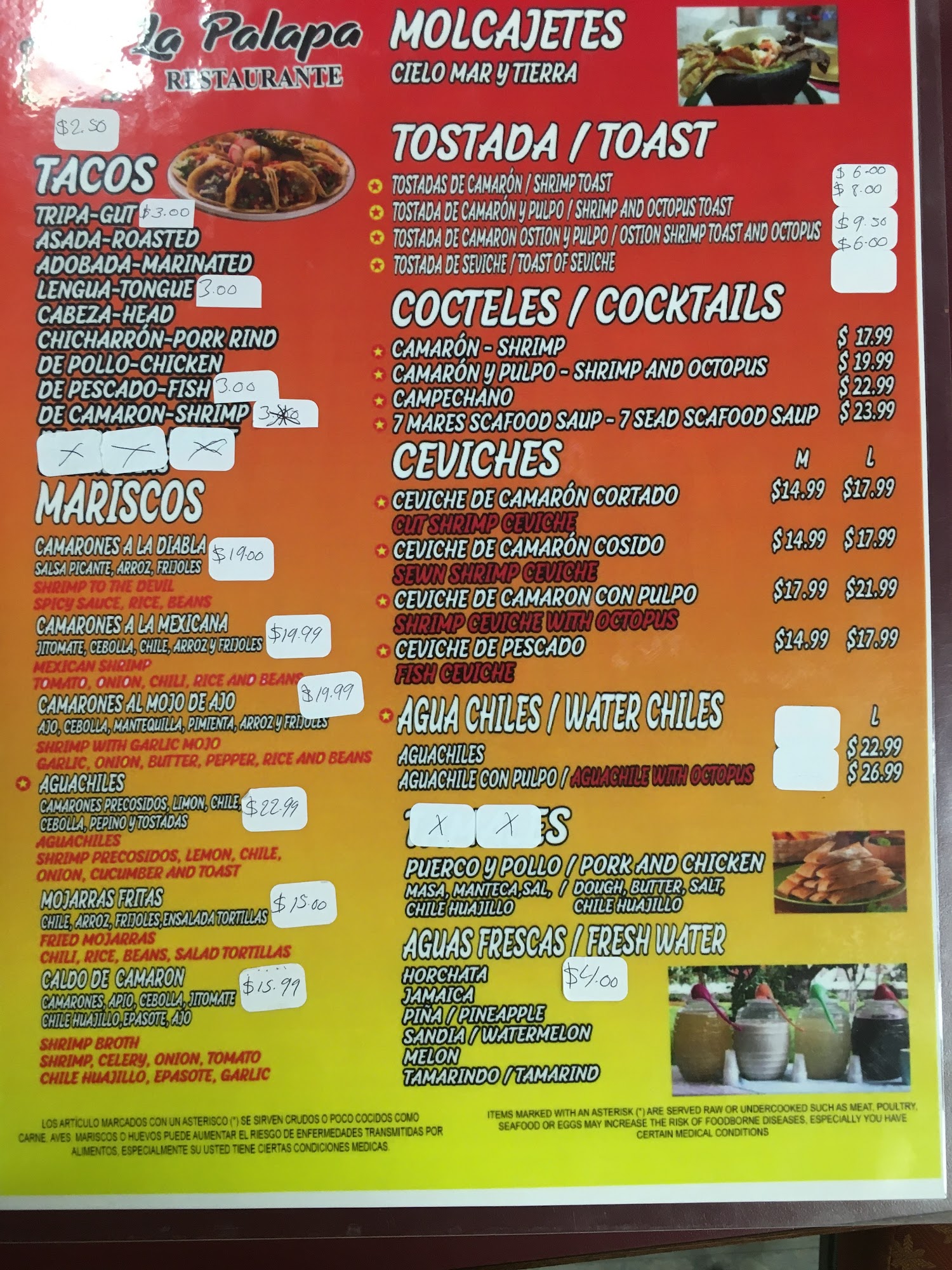 La palapa restaurante y Taqueria Menu