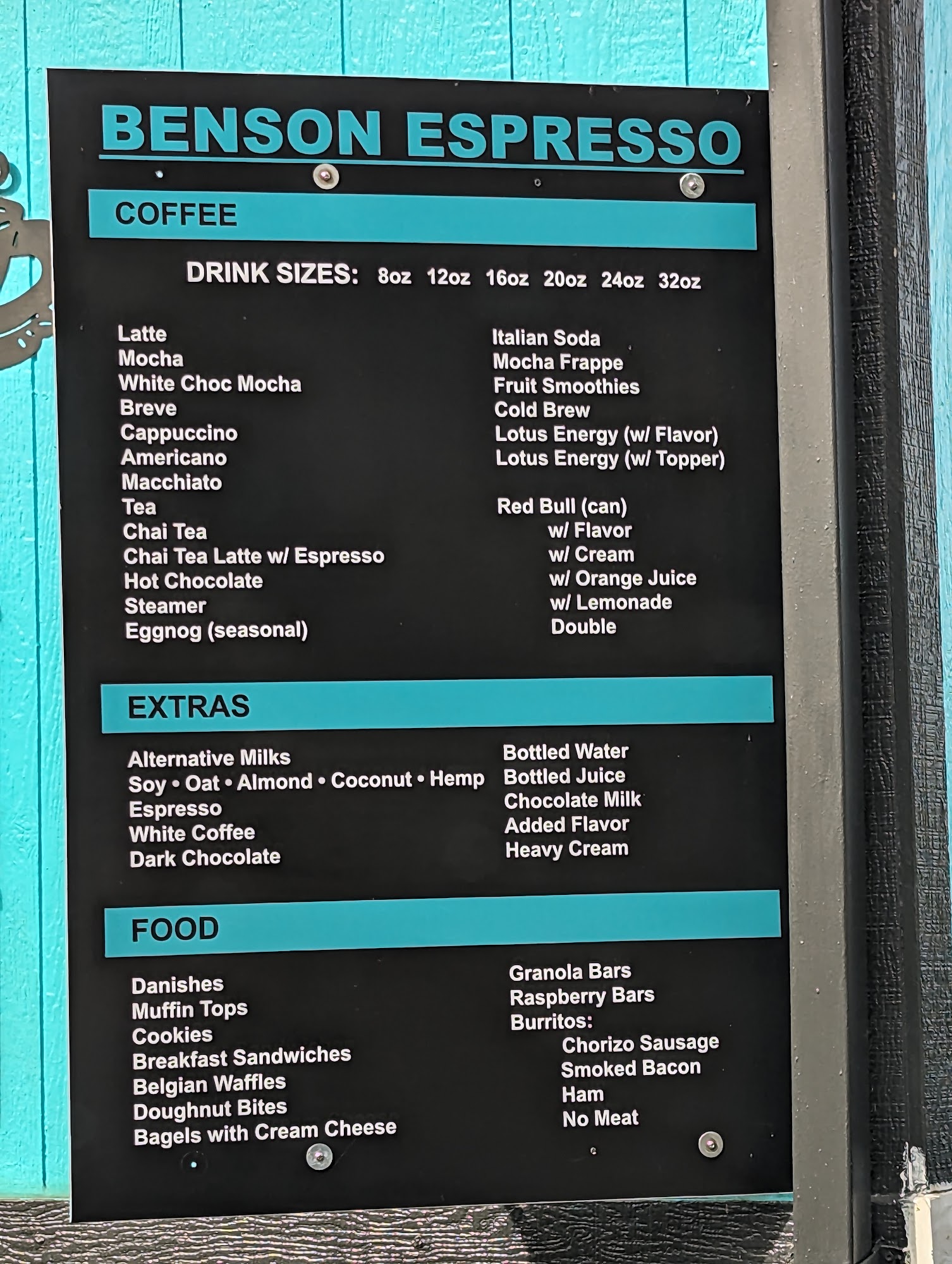 Benson Espresso Menu