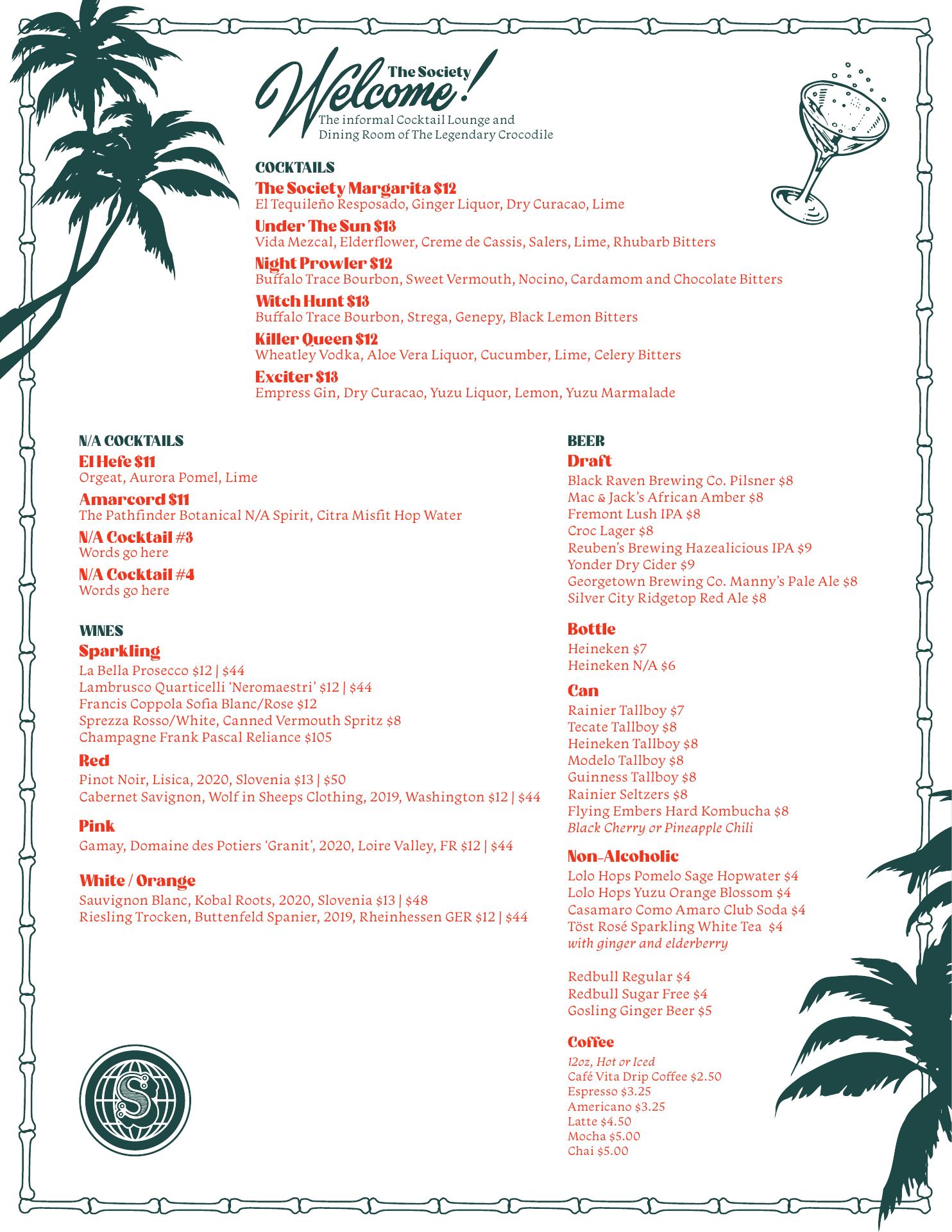 The Society Menu