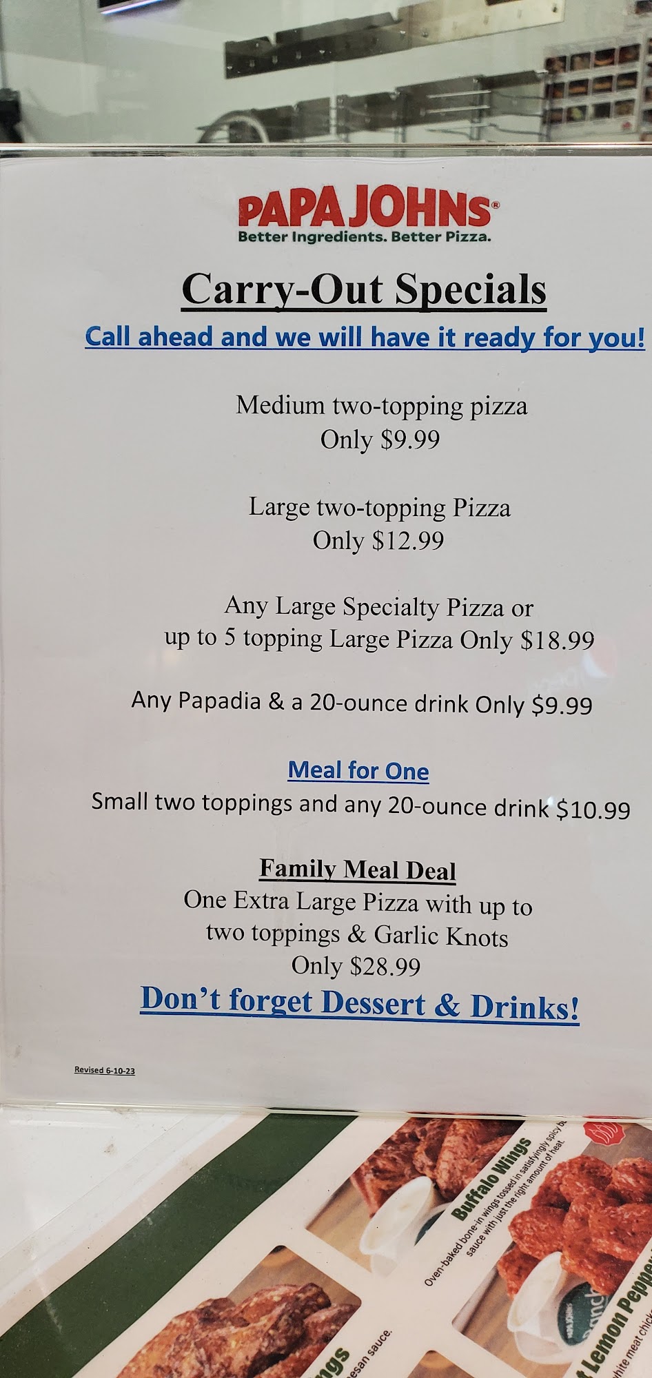 Papa Johns Pizza Menu