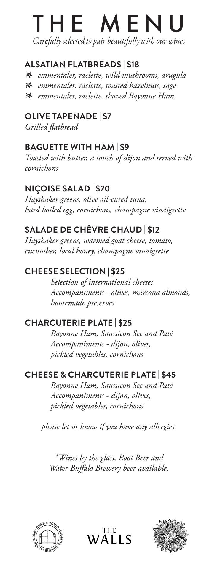 The Walls Vineyards Menu