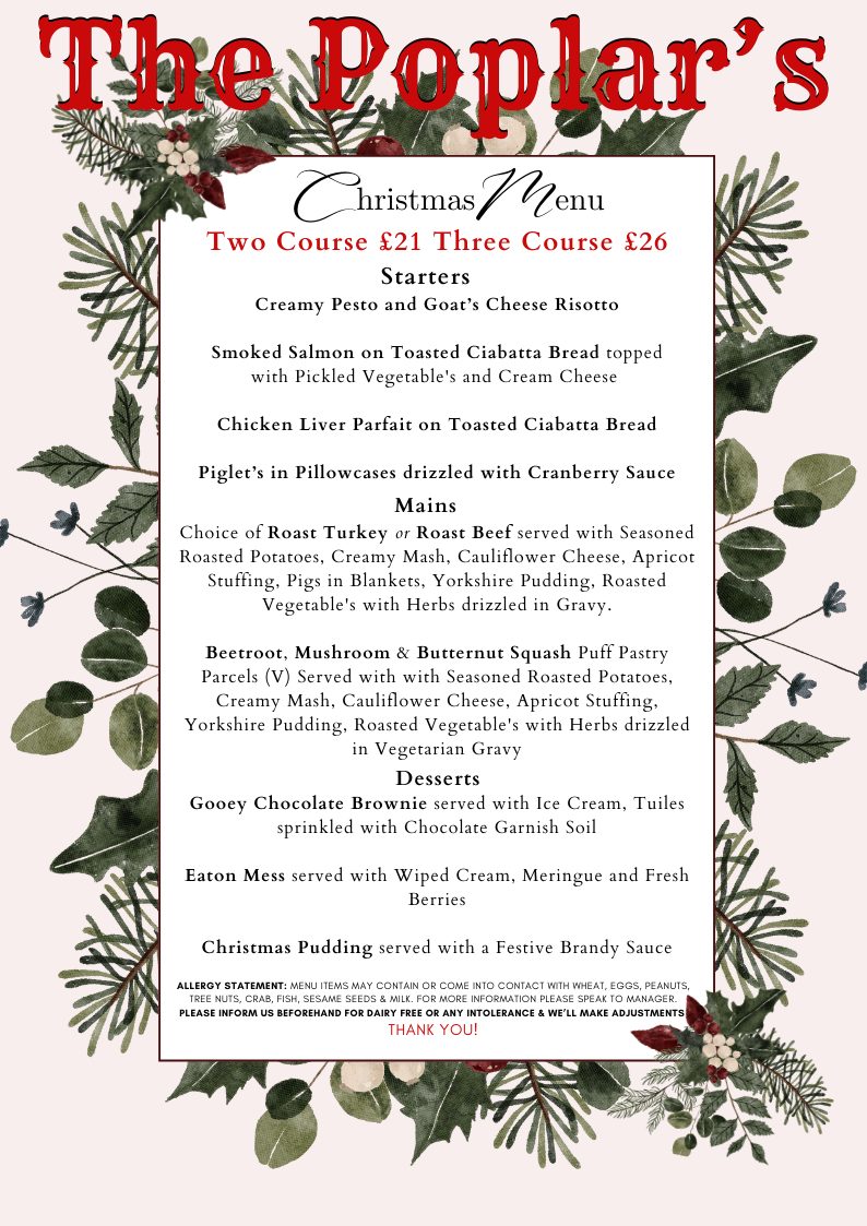 The Poplars Inn Menu