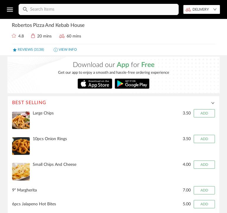 Robertos Pizza And Kebab House Menu