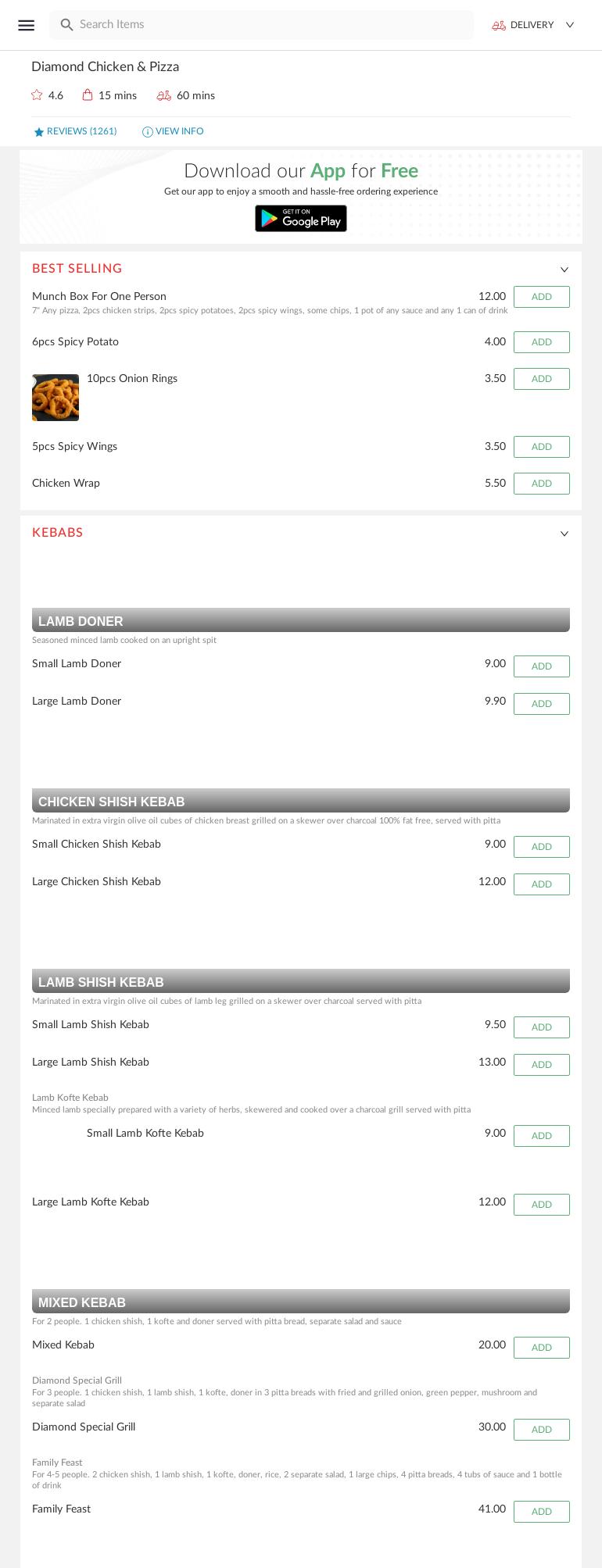 Dimond Chicken & Pizza Menu