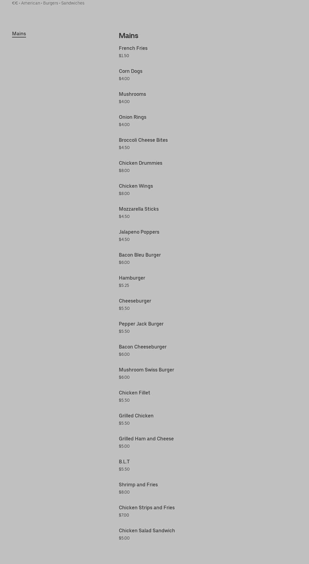 Arlington Inn Tavern Menu