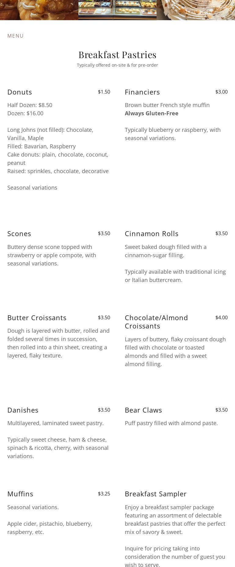 Pastries by Chad, LLC. Menu