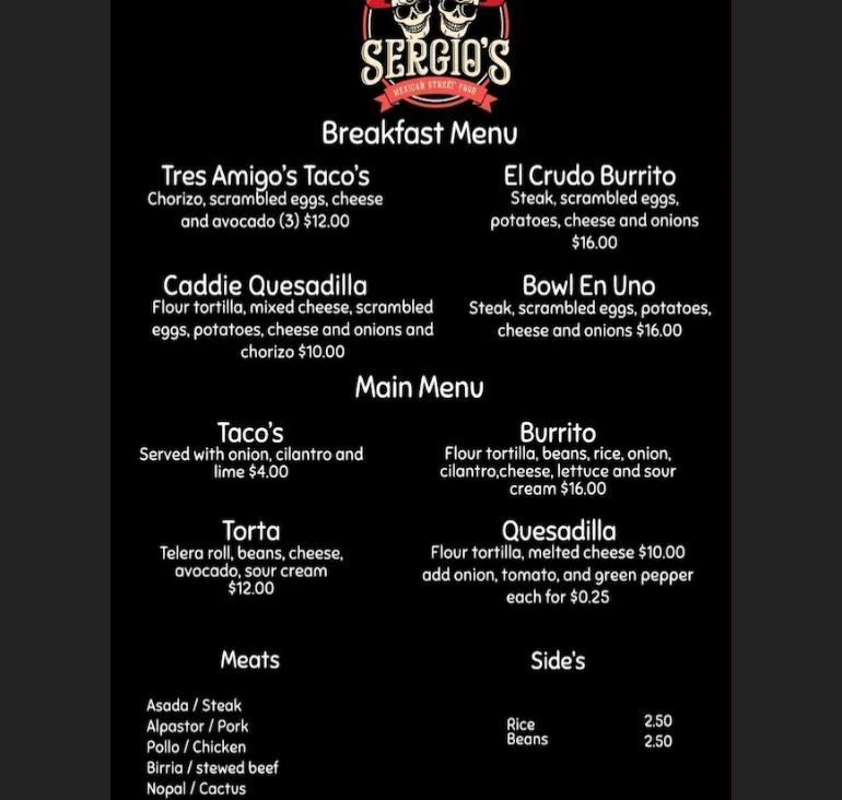 Sergio's Mexican Street Food Truck Menu