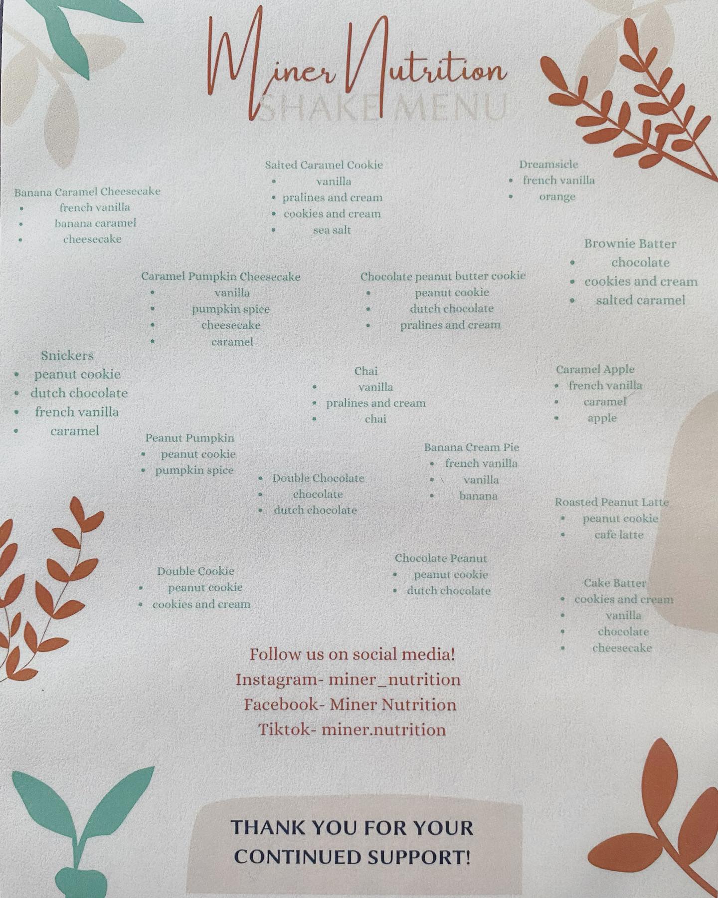 Miner Nutrition Menu