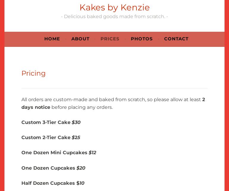 Kakes by Kenzie Menu