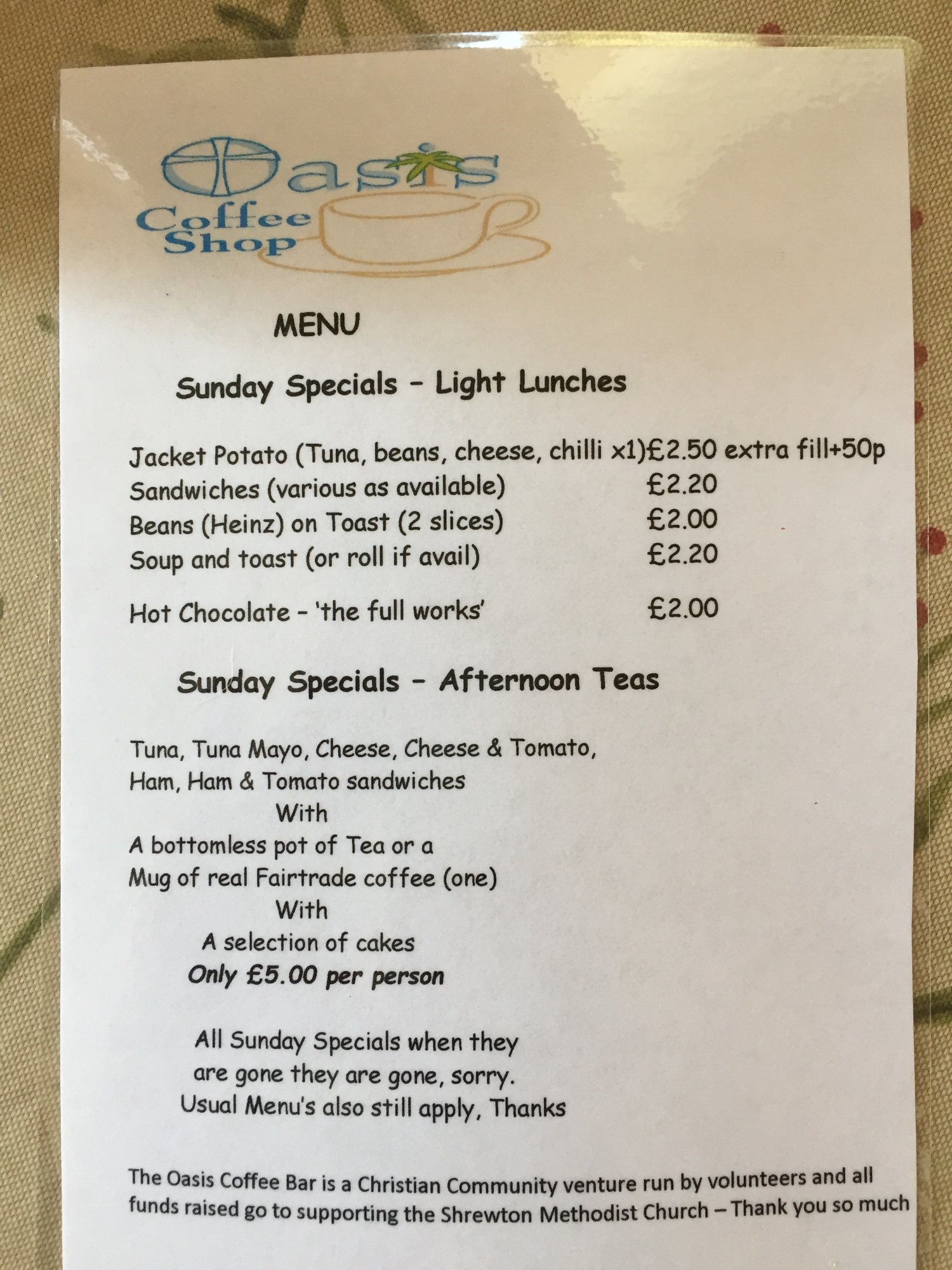 Oasis Coffee Shop @ Methodist Church Menu