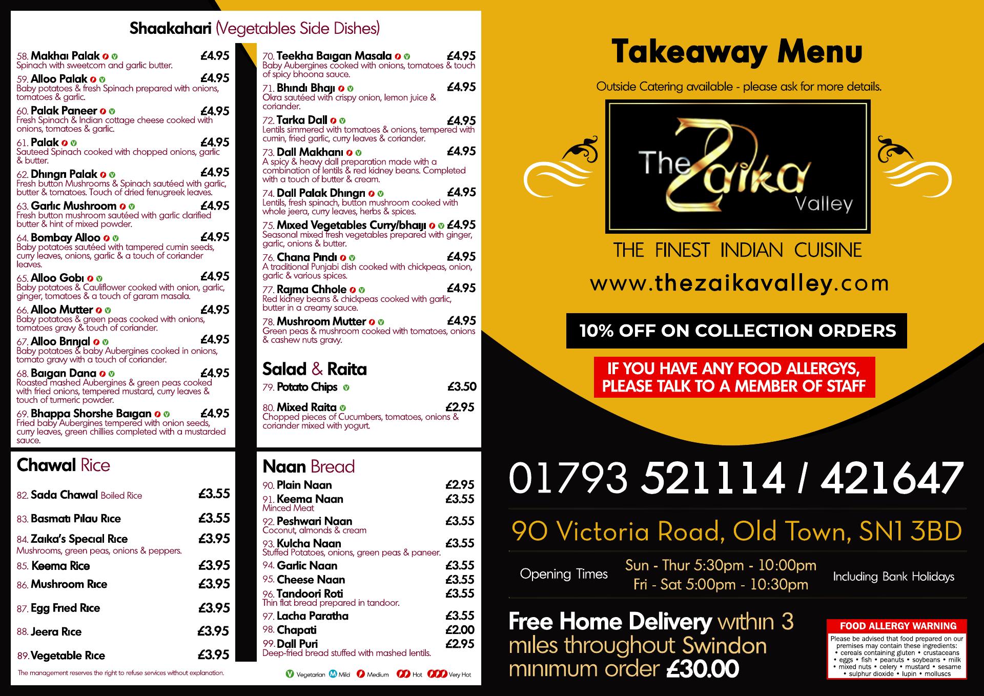 The Zaika Valley Menu